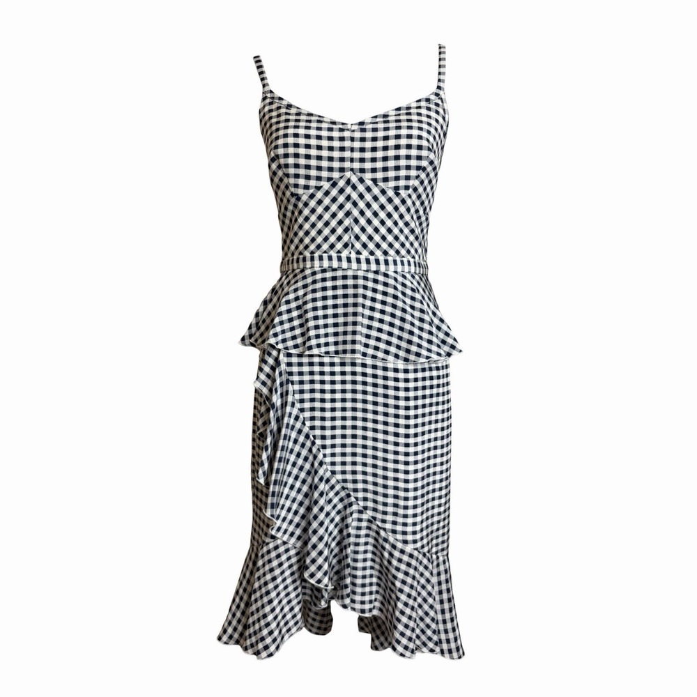 J Crew Silk Gingham Dress 10 Navy White Check Ruffle Tiered Midi Sundress - Picture 3 of 9